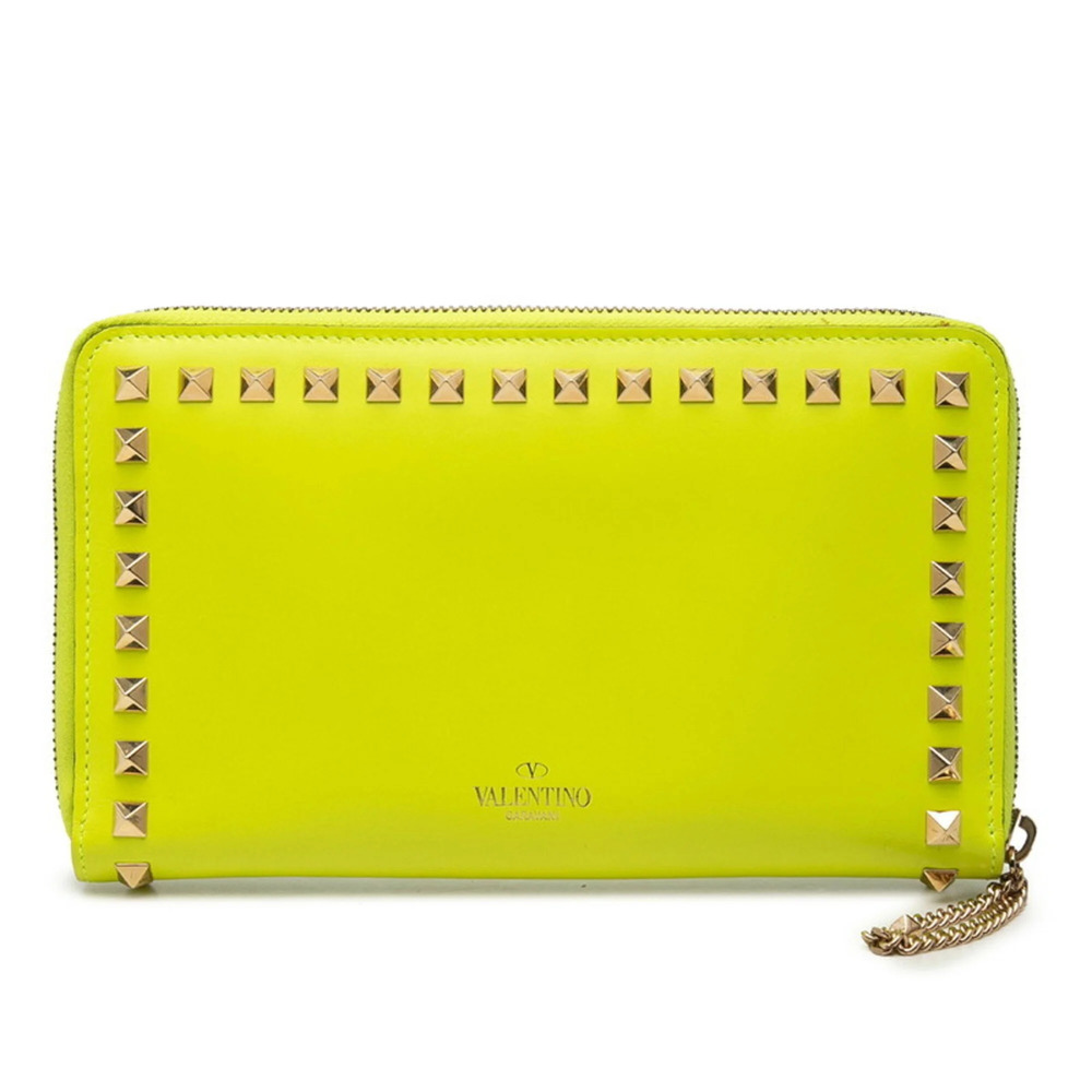 Valentino Rockstud Round Zip Long Wallet Organizer Yellow Leather Plated Wome...
